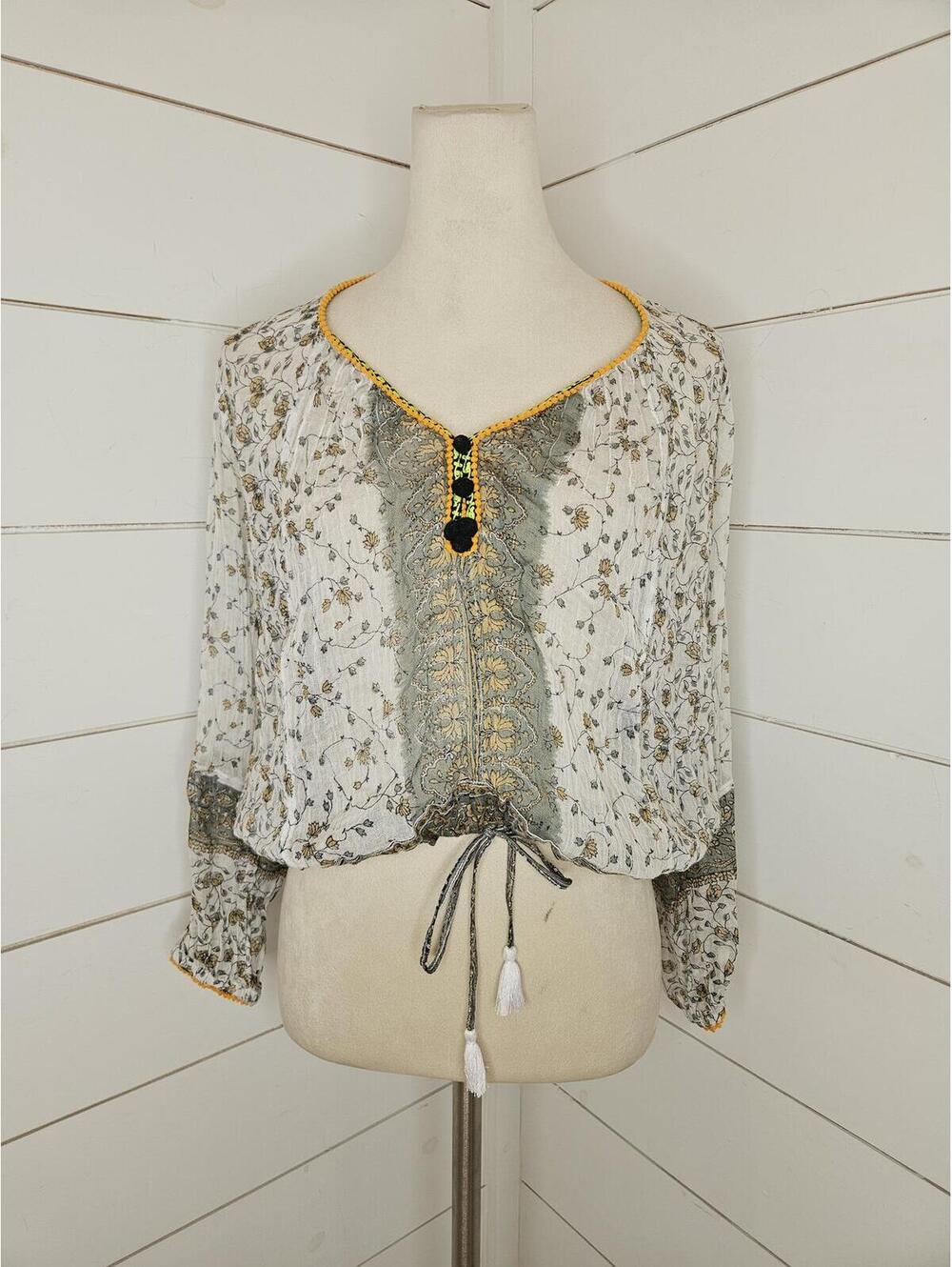 Boutique large white tan & greyish green sheer long sleeve blouse